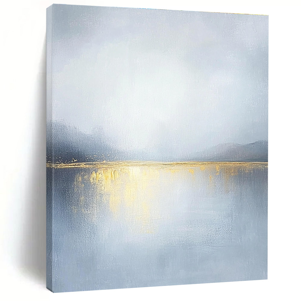 Large abstract painting of an overcast sky with golden water reflections soft tones and serene landscape capturing a tranquil mood.STSC271