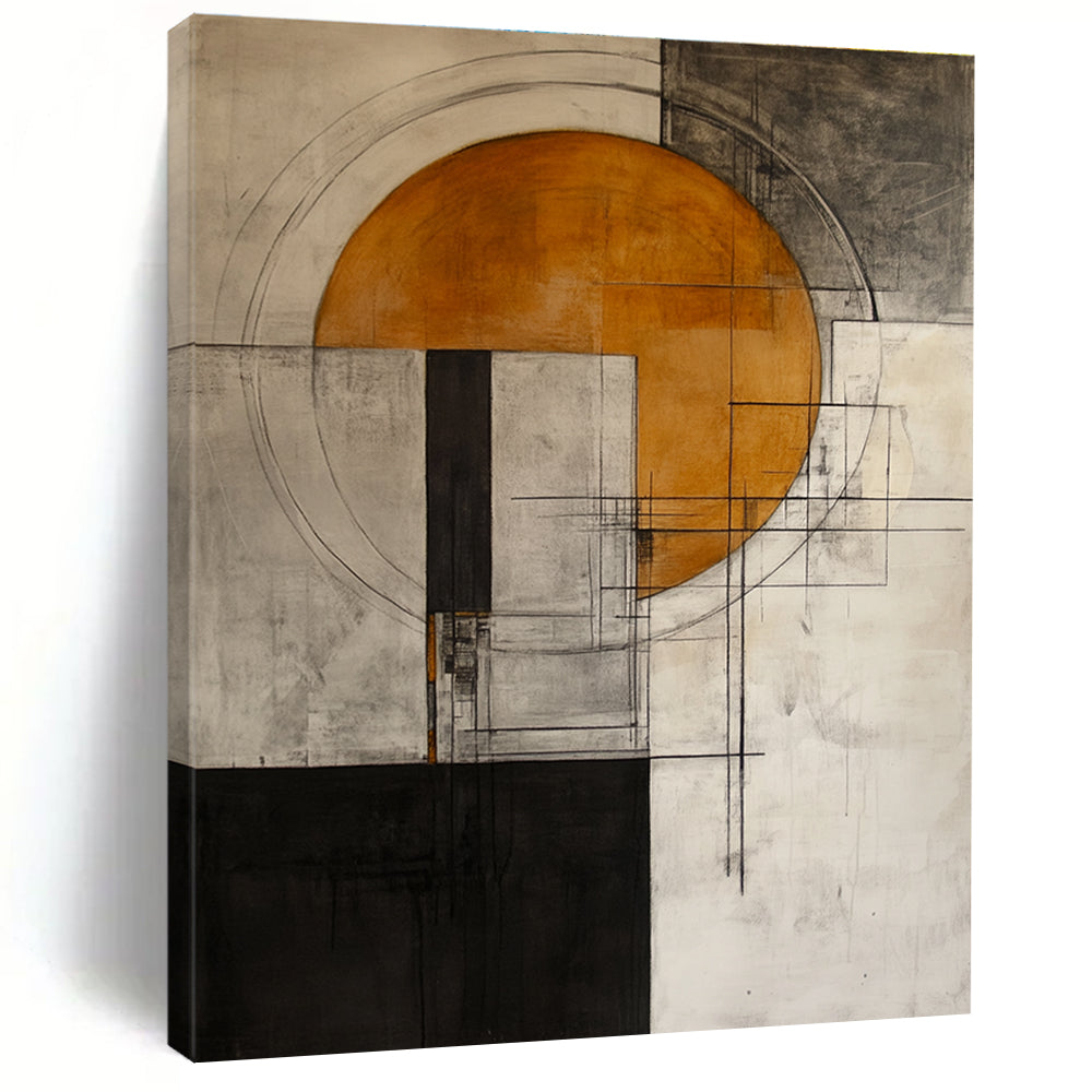 Abstract painting featuring an orange circle on a grey and white background with architectural elements inspired by Peter Driben's style.STSC661