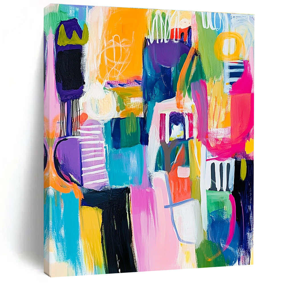 Large abstract painting with colorful whimsical shapes thick brushstrokes and bold lines in vibrant hues capturing dynamic elements of houses cars and people.STSC678