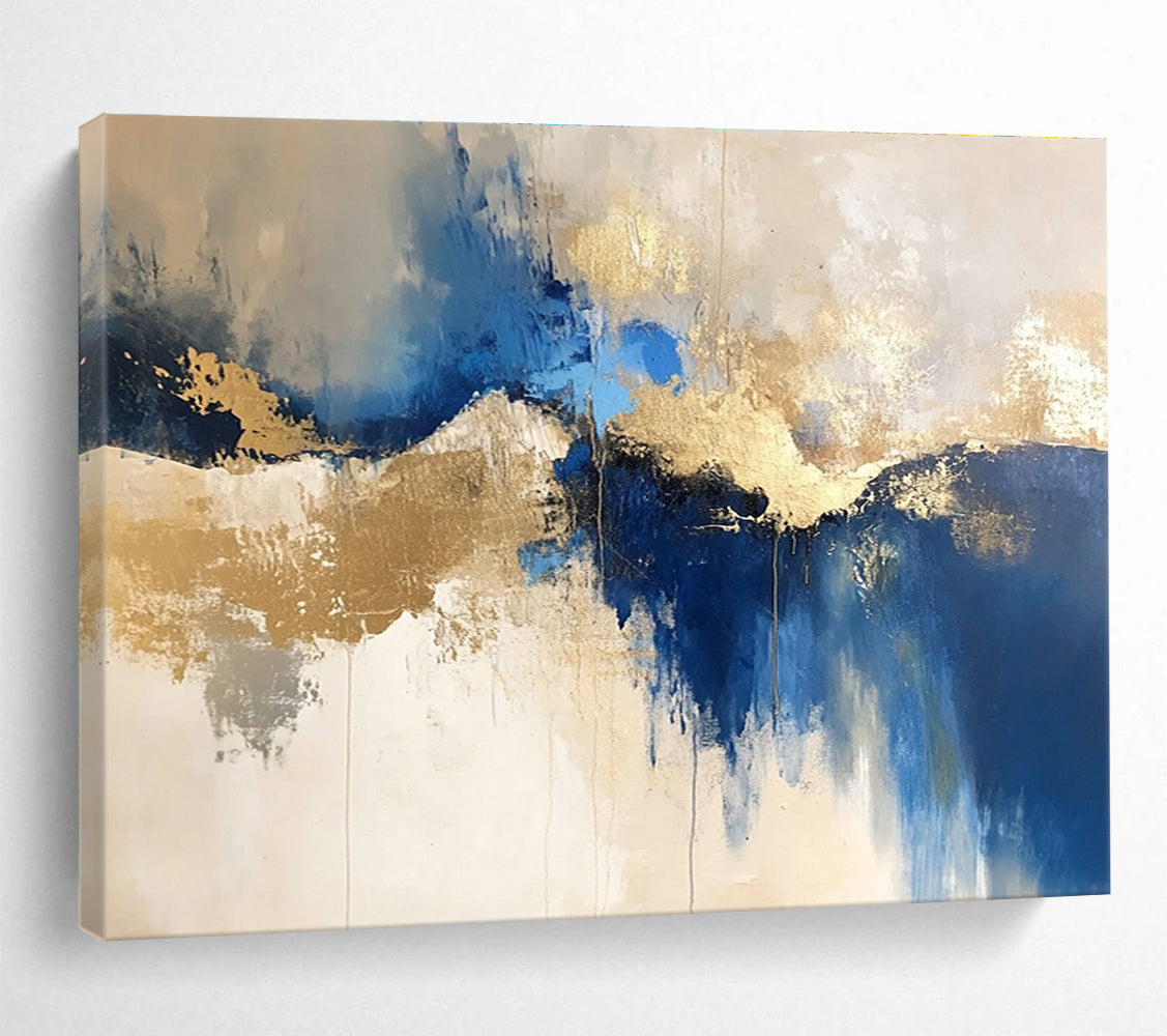 Large abstract blue and gold painting on a white background with elegant beige tones, ideal for modern decor and artistic spaces.SC022