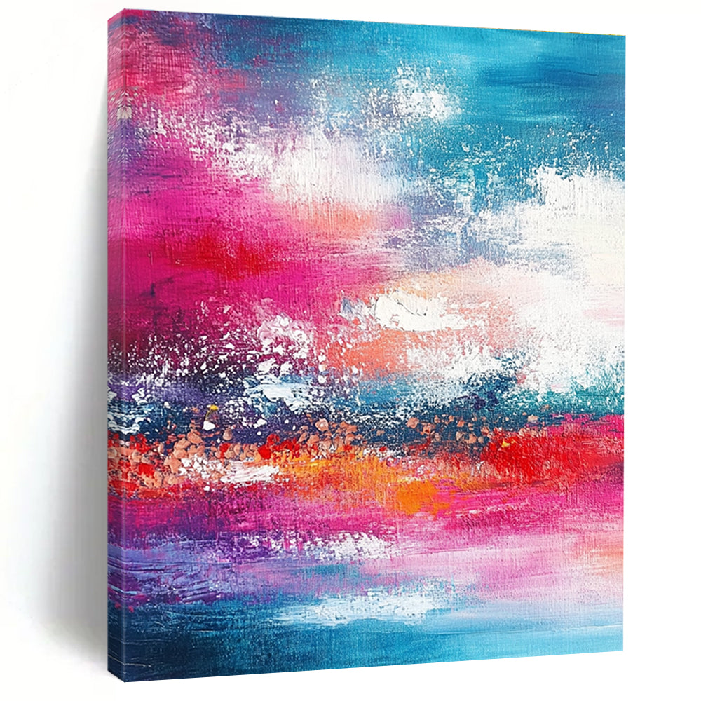 Large abstract painting featuring shades of red pink and teal with bold brush strokes of sky and sea in the background.STSC116