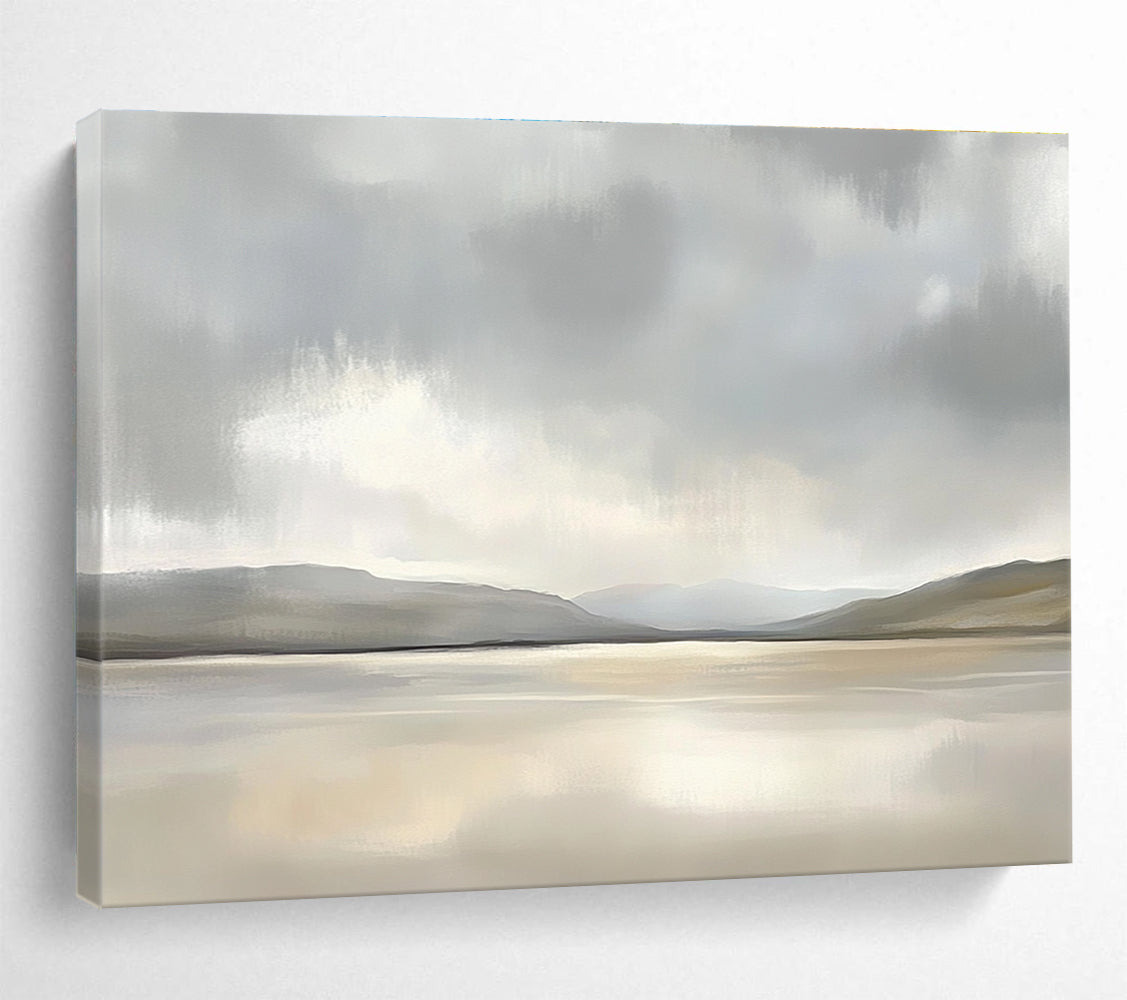 Minimalist Lake Scene Abstract Painting with Grays and Beiges DYP233