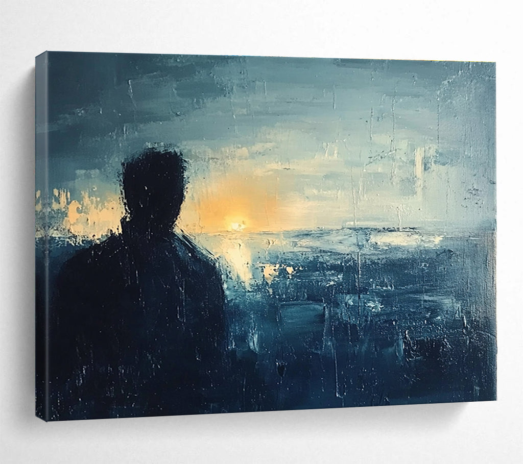 Silhouette by the Sea Abstract Painting with Dark and Light Blues DYP228