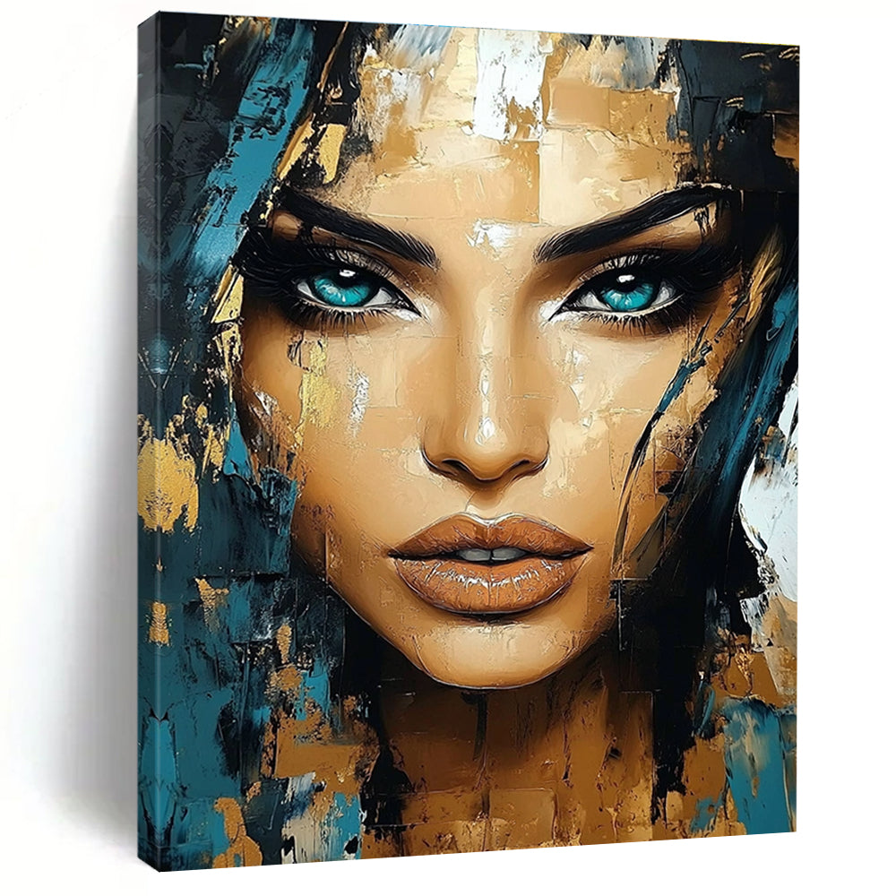 Abstract portrait of a beautiful woman with turquoise eyes and gold accents featuring expressive brush strokes and intricate details in the style of Ismail Inceoglu.STSC456