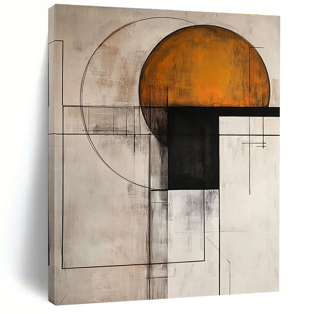 Large abstract painting with light gray background featuring dark amber and white geometric shapes and a harmonious color scheme in modern art style.STSC239