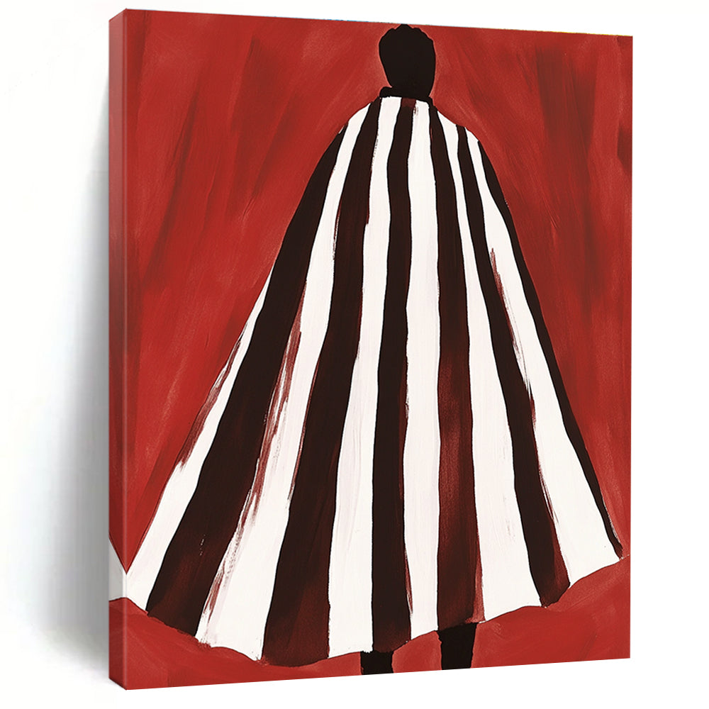 Abstract artwork featuring a brown and white striped cape inspired by Matisse and Bunt on a vibrant red background.STSC932