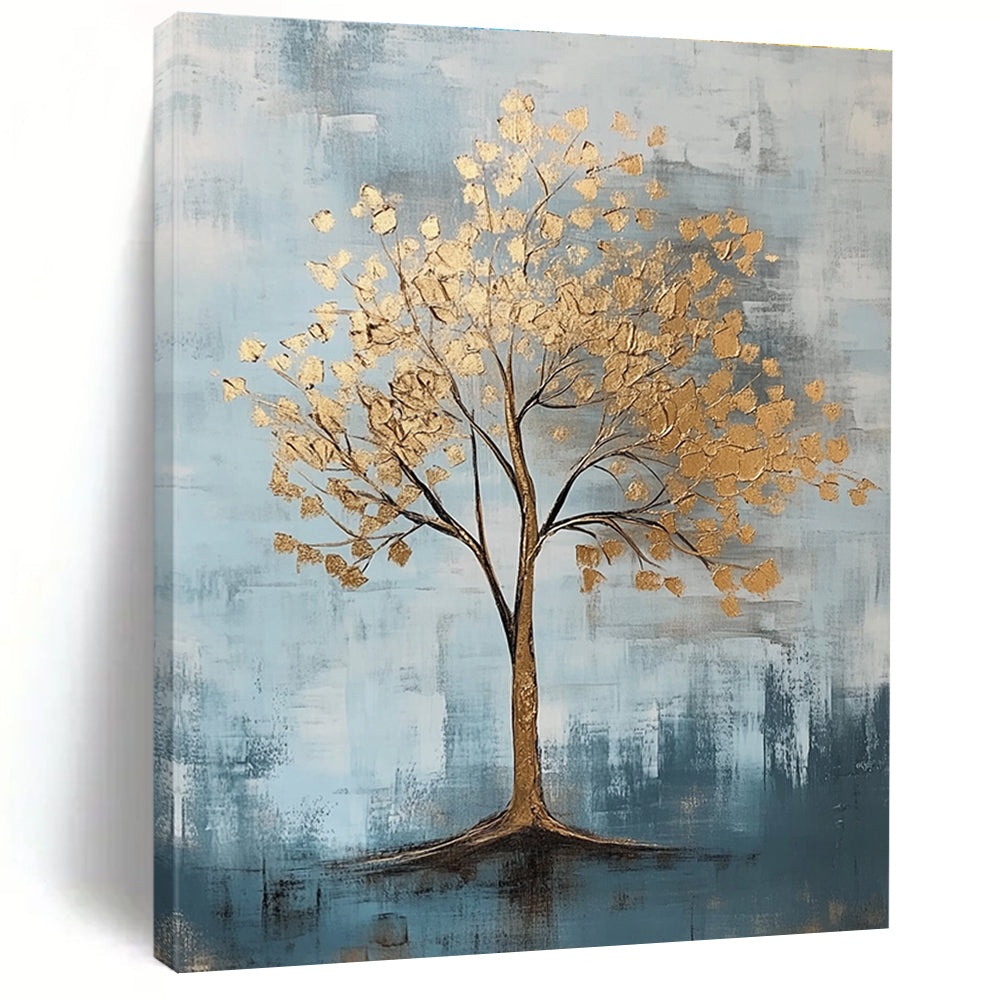 Abstract artwork featuring gold leaf accents against a cool gray and light blue backdrop with textured brush strokes.STSC838