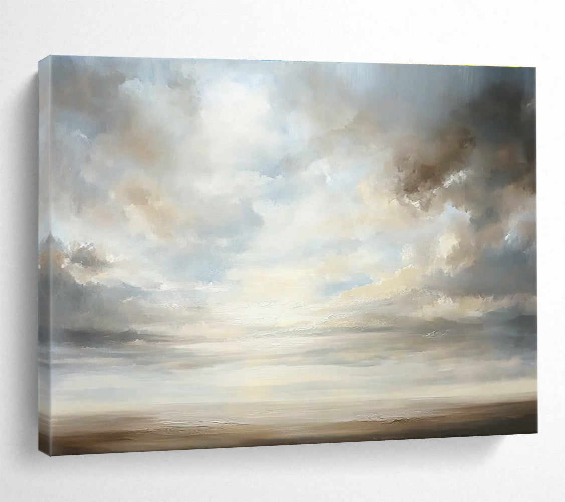 A large abstract painting featuring an open sky with billowing clouds in soft pastels, symbolizing peace and infinite possibilities.SC560