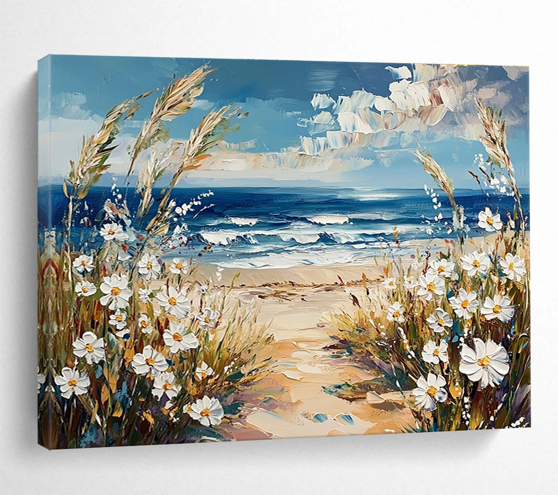 Large abstract painting of the sea with wildflower-covered beach and daisies under a blue sky capturing nature's beauty.SC420