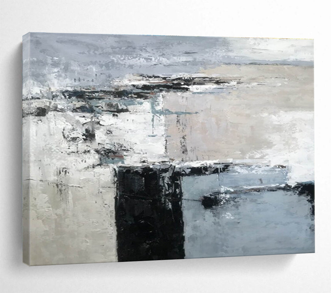 Minimalist Block Abstract Painting with Grey and Black Tones THY152