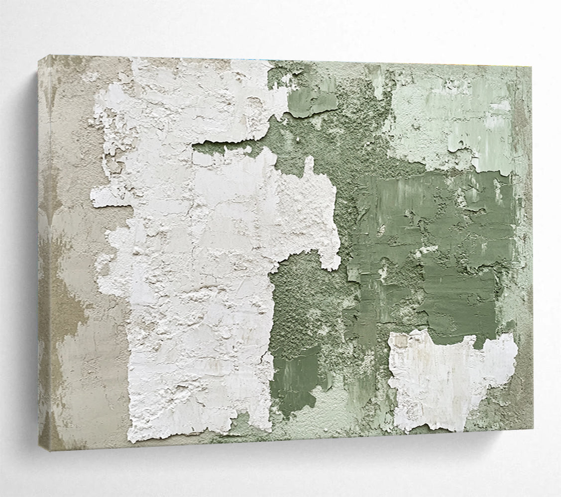 Abstract painting with a vintage feel featuring peeling green and white wall textures and distressed elements in dark brown tones.SC470