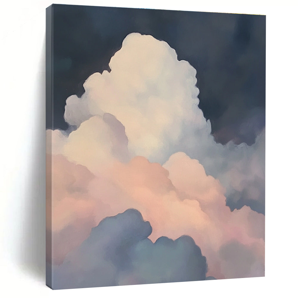 A large abstract painting featuring soft atmospheric scenes with a misty atmosphere and ethereal light shining through colorful clouds.STSC1036