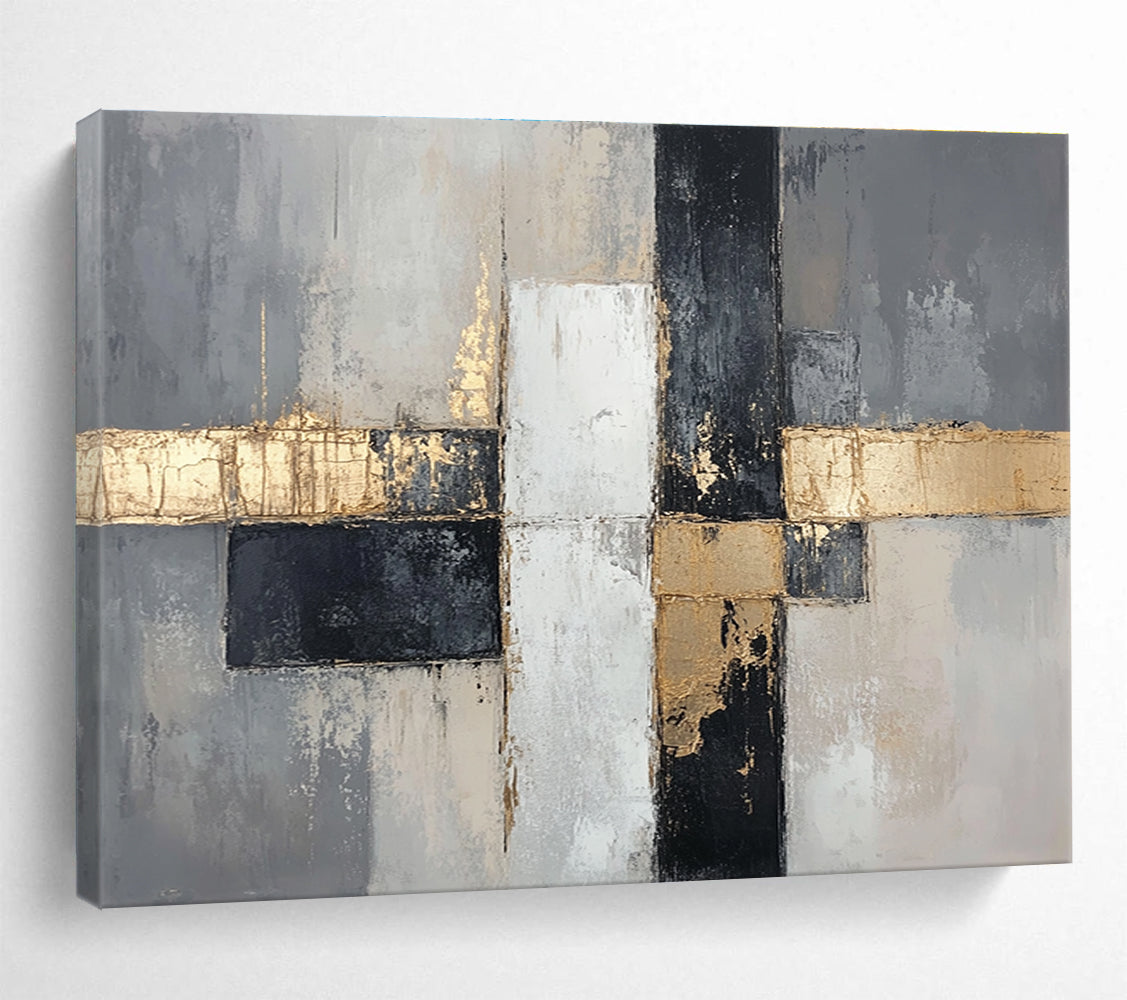 Large abstract painting in neutral tones featuring gray and beige with gold accents and geometric forms creating a sophisticated modern aesthetic.SC247