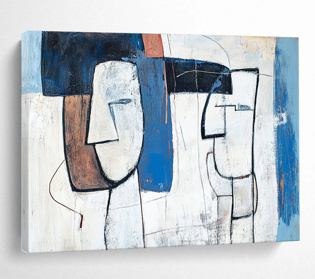 Large abstract painting featuring blue and white figures with brown accents thick lines and simple composition inspired by Picasso's style.SC189