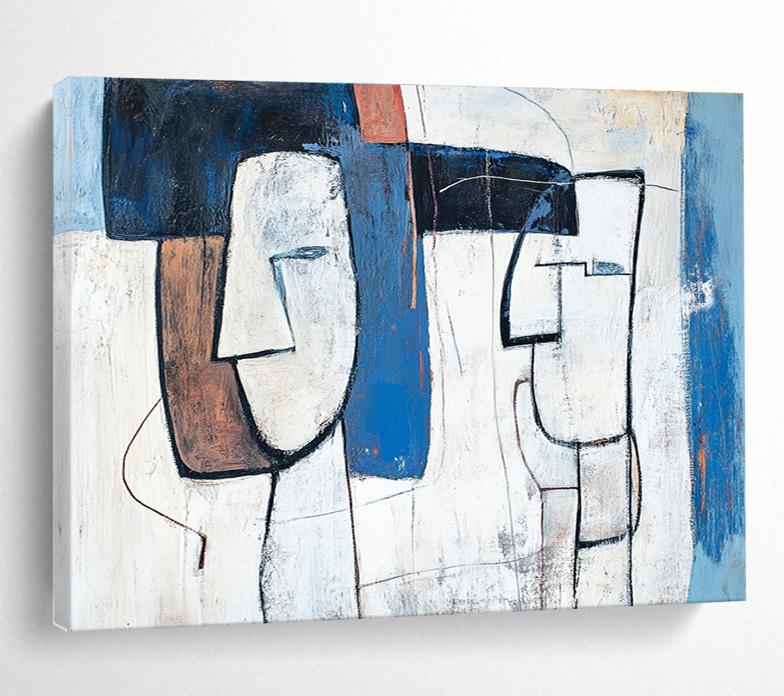 Large abstract painting featuring blue and white figures with brown accents thick lines and simple composition inspired by Picasso's style.SC189