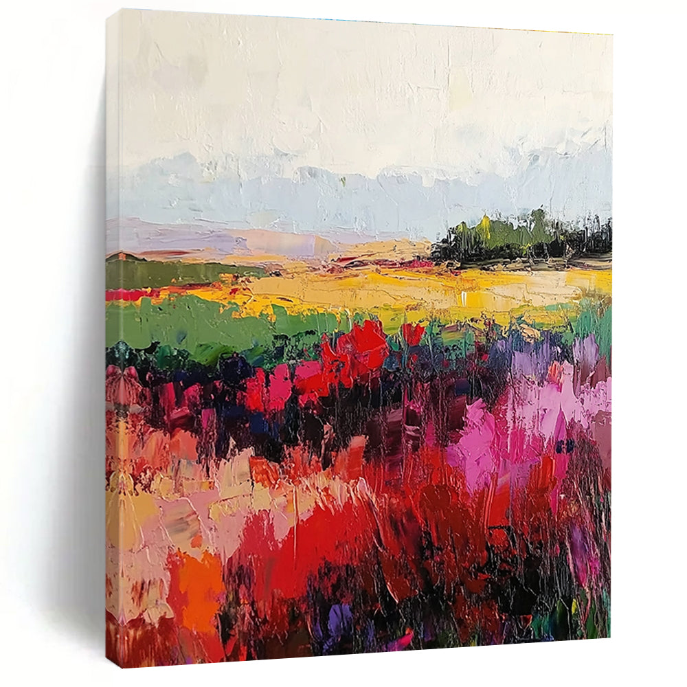 Large abstract painting with vibrant reds and greens, textured canvas and soft blurred edges, created using palette knife and broad brush strokes.STSC113