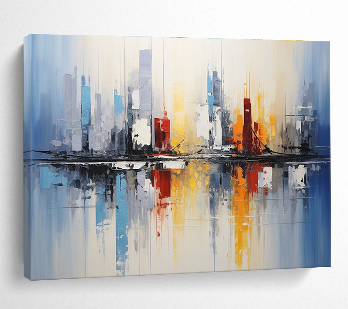 Cityscape Reflection Abstract Painting with Blue, Red, and Yellow Tones THY170