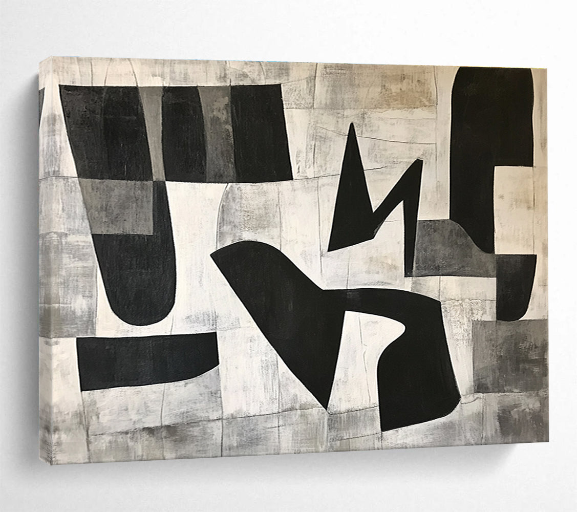 Large abstract painting featuring black and white geometric shapes in the letter K on a textured minimalist background conveying depth and movementSC517