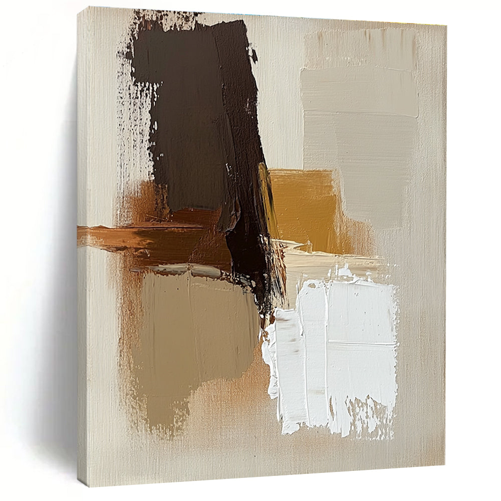 Large abstract painting with brown beige and white colors featuring thick brush strokes and simple shapes on a neutral beige background.STSC747