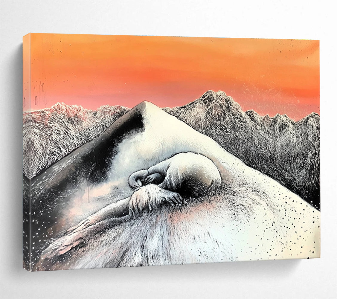 An abstract painting featuring a black and white figure on an icy mountain at sunset with another frozen figure in front.SC569