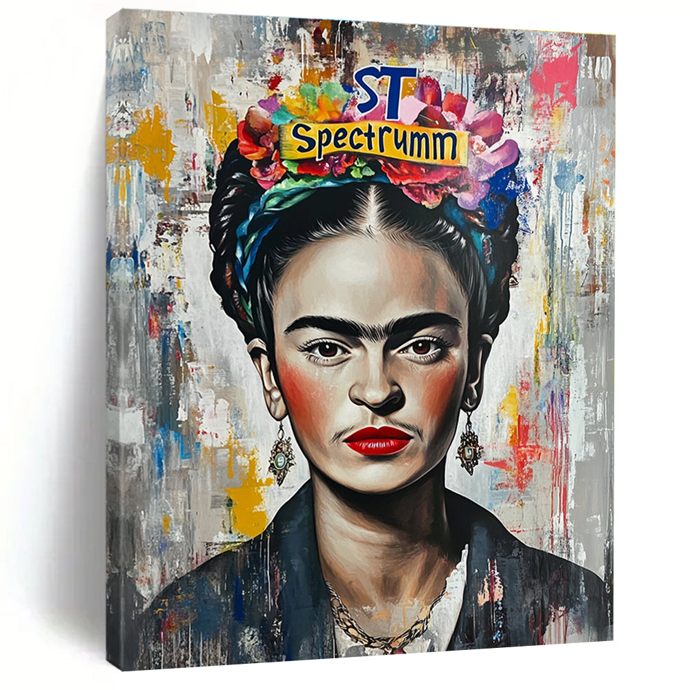 A large abstract painting featuring Frida Kahlo with graffiti-style elements bright colors and intricate details capturing vibrant pop culture inspirations.STSC1128