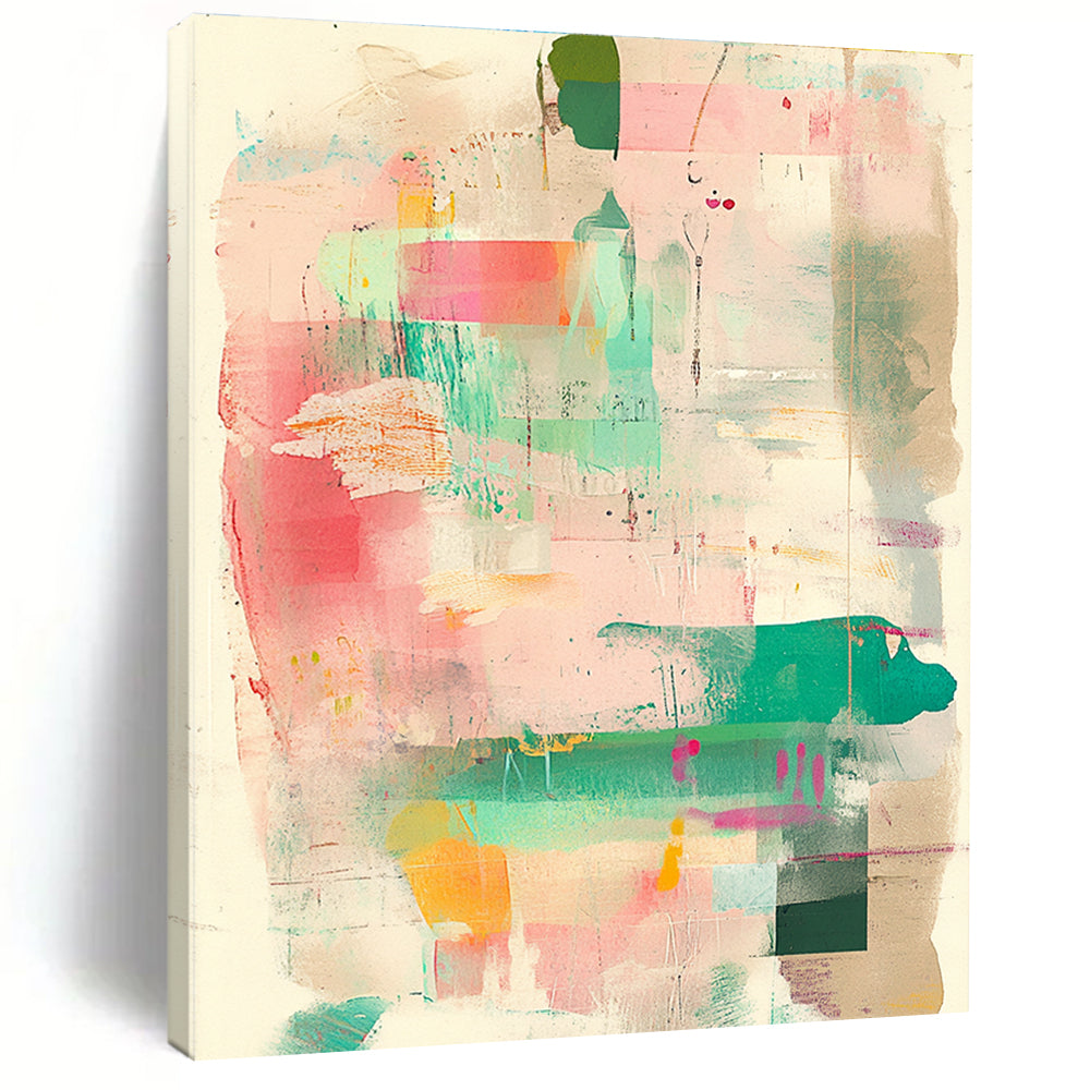 Large abstract artwork featuring muted pastel pink and green tones with mixed media collage elements and vintage paper texture for added depth.STSC1360