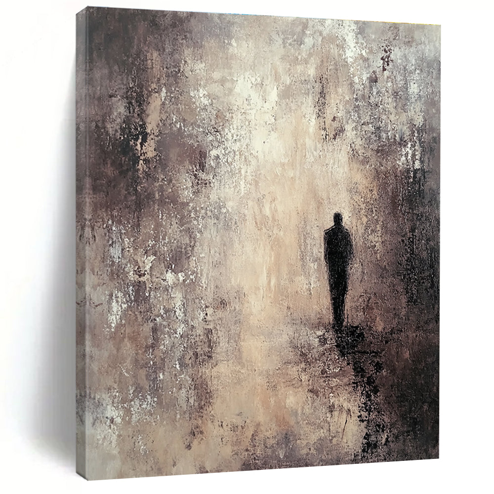 Large abstract painting featuring deep layers textured in brown and gray tones with a mysterious dark figure amidst an exquisite atmospheric backdrop.STSC206