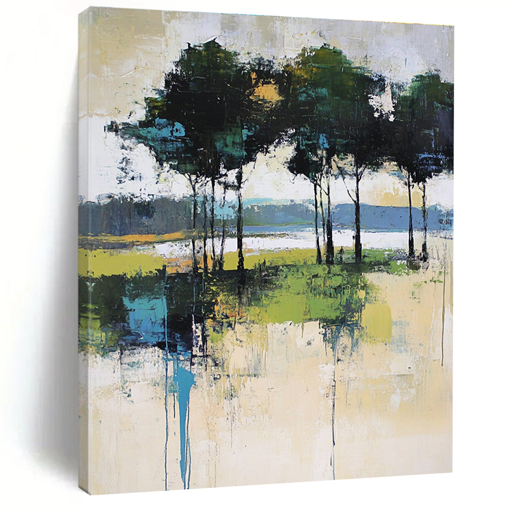 Large abstract painting featuring expressive brush strokes with trees and a lake in soft pale green and beige tones.STSC118