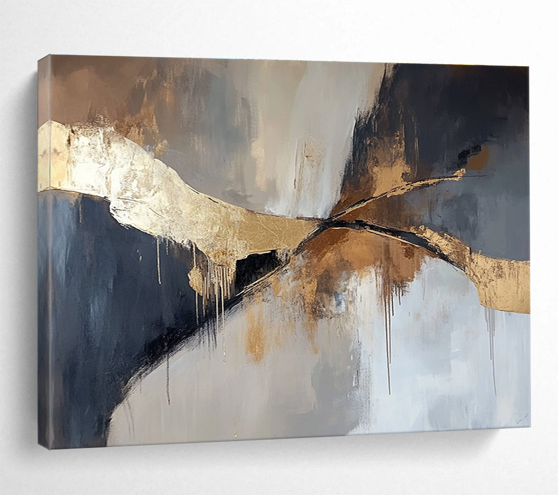 An abstract painting in muted browns and greys with elegant gold accents, featuring a striking minimalistic design perfect for modern aesthetics.SC327