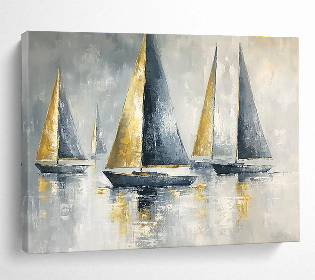 Gold and Gray Sailboats Elegant Abstract Painting with Metallic Accents DYP607