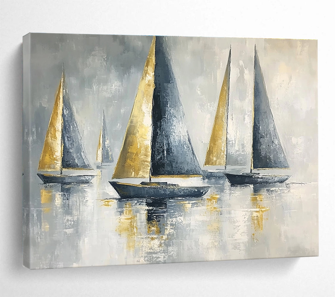 Gold and Gray Sailboats Elegant Abstract Painting with Metallic Accents DYP607