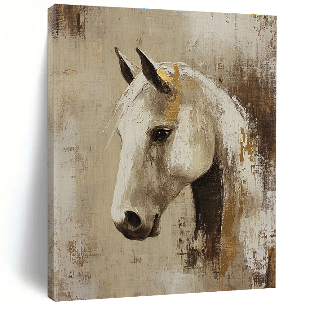 Abstract oil painting featuring an Arabian horse head in beige and white with gold accents set against a rustic neutral background.STSC143