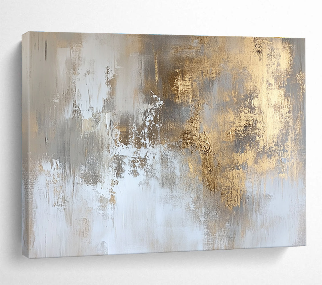 Abstract painting with faded gold and white hues featuring distressed textures and subtle gradients for elegant wall art and interior design.SC234