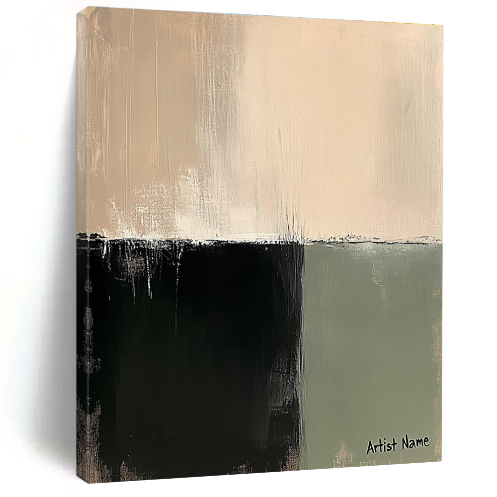 Large abstract painting in sage green and beige with soft brushstrokes creating a tranquil minimalist composition on linen.STSC1071