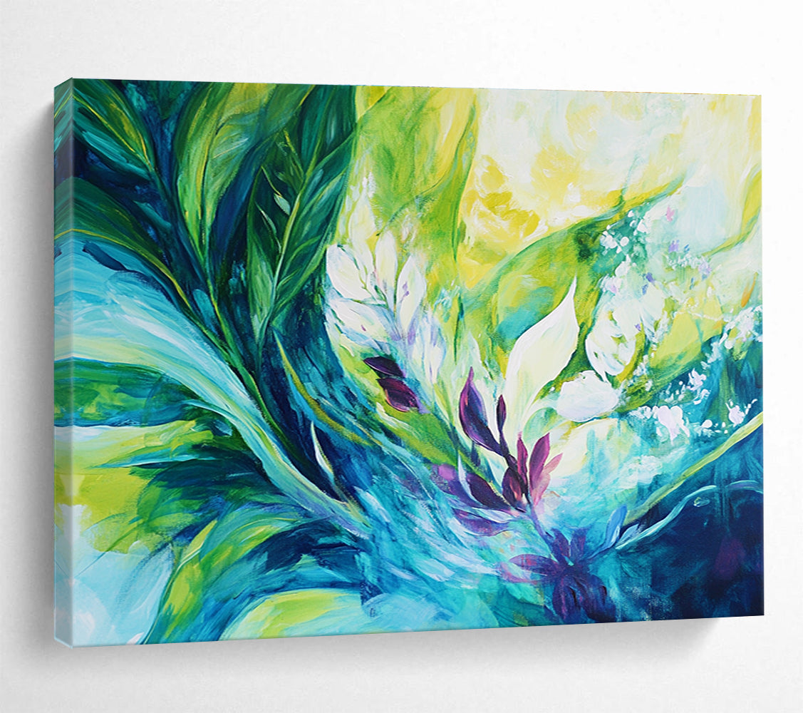 A large abstract painting featuring vibrant tropical plants in green and teal with purple accents and white flowers, showcasing dynamic energy and harmonious beauty.SC431