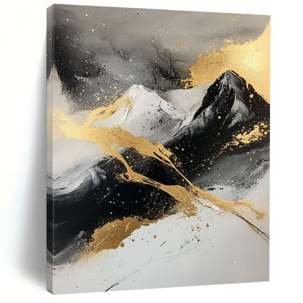 Gold - Splashed Mountain Abstract Painting with Black, White, and Gold GER320