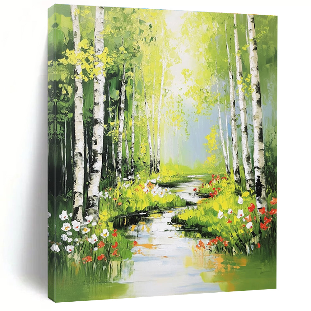 Large abstract painting of serene birch trees flowers and sunlight streaming through leaves in vibrant colors and bold brushstrokes.STSC897