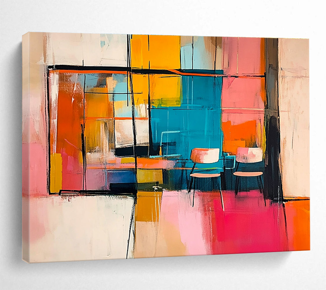 Large abstract painting featuring an interior with chairs and tables visible through a window in vibrant pink orange yellow and blue.SC336