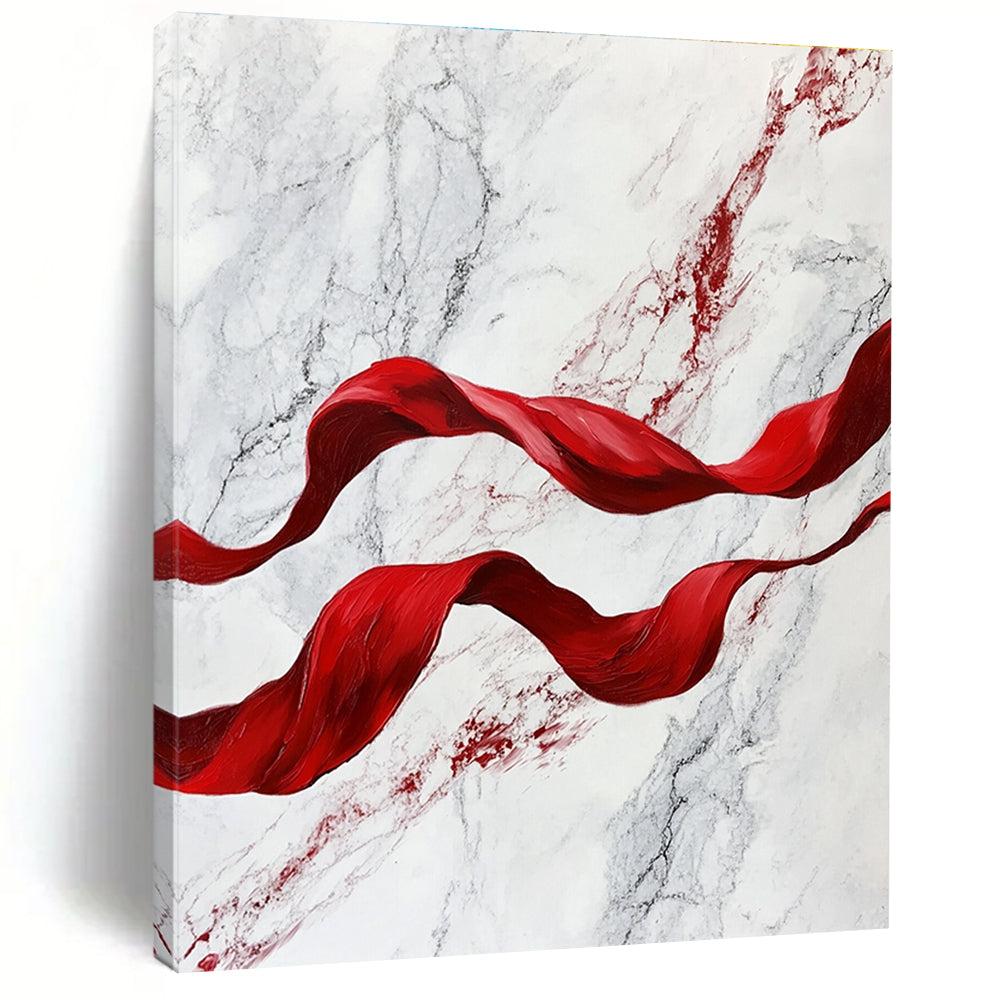 A large abstract painting featuring red flowing ribbons on white marble, evoking movement and elegance in a captivating blend of color and texture.STSC1416