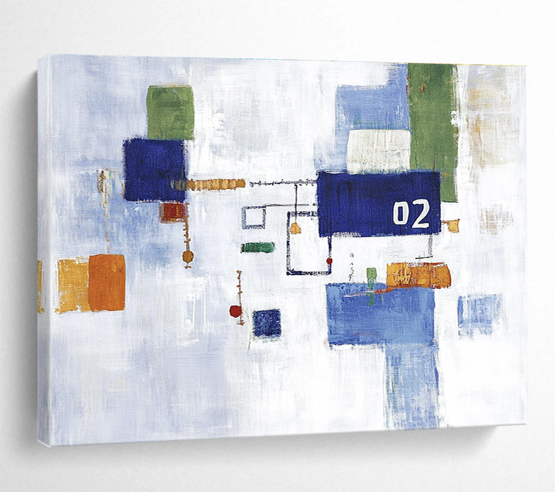 Large abstract painting featuring a white sky and blue and green cityscape with simple shapes and the number 02 at the center.SC182