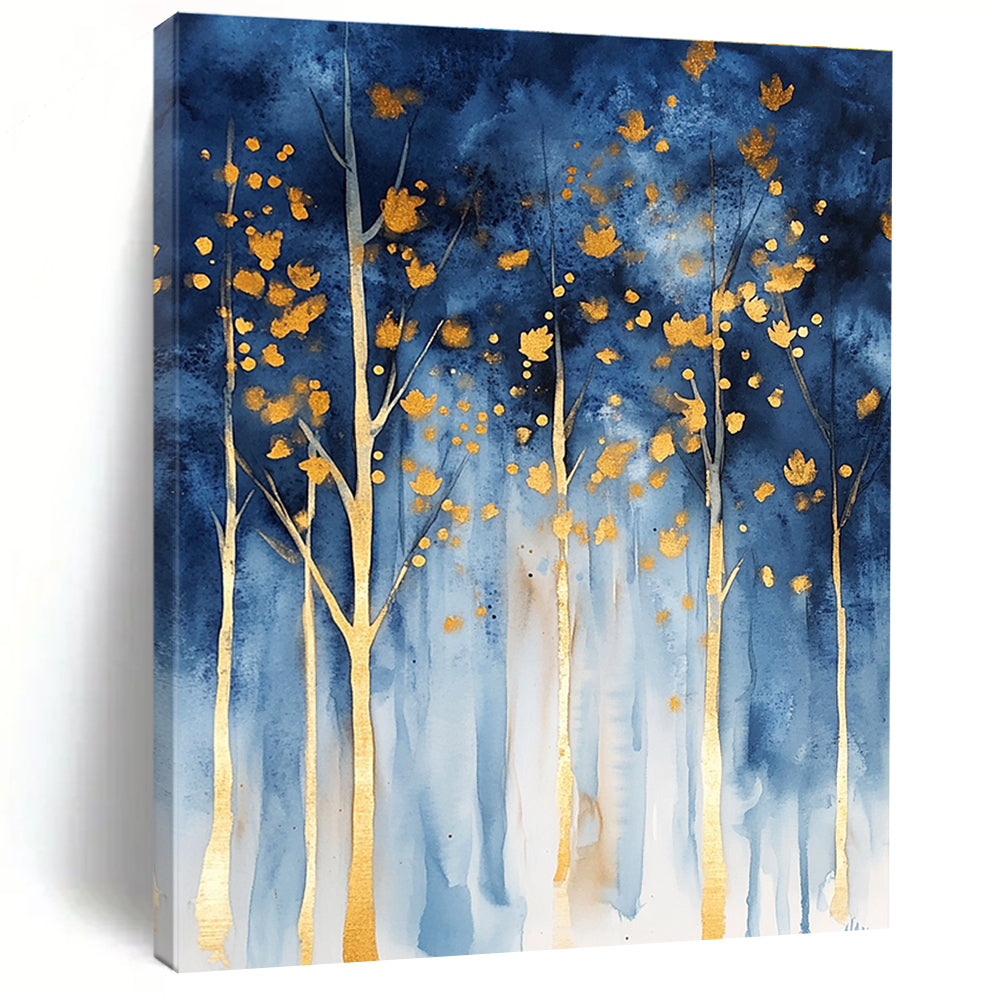 Abstract forest in watercolor with blue and gold hues and gold foil accents featuring trees with golden leaves against a dark sky.STSC059