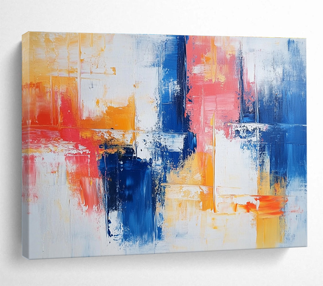 Large abstract painting with vibrant blue and red brush strokes on white, featuring yellow highlights and textured layers that evoke nostalgia and joy.SC263