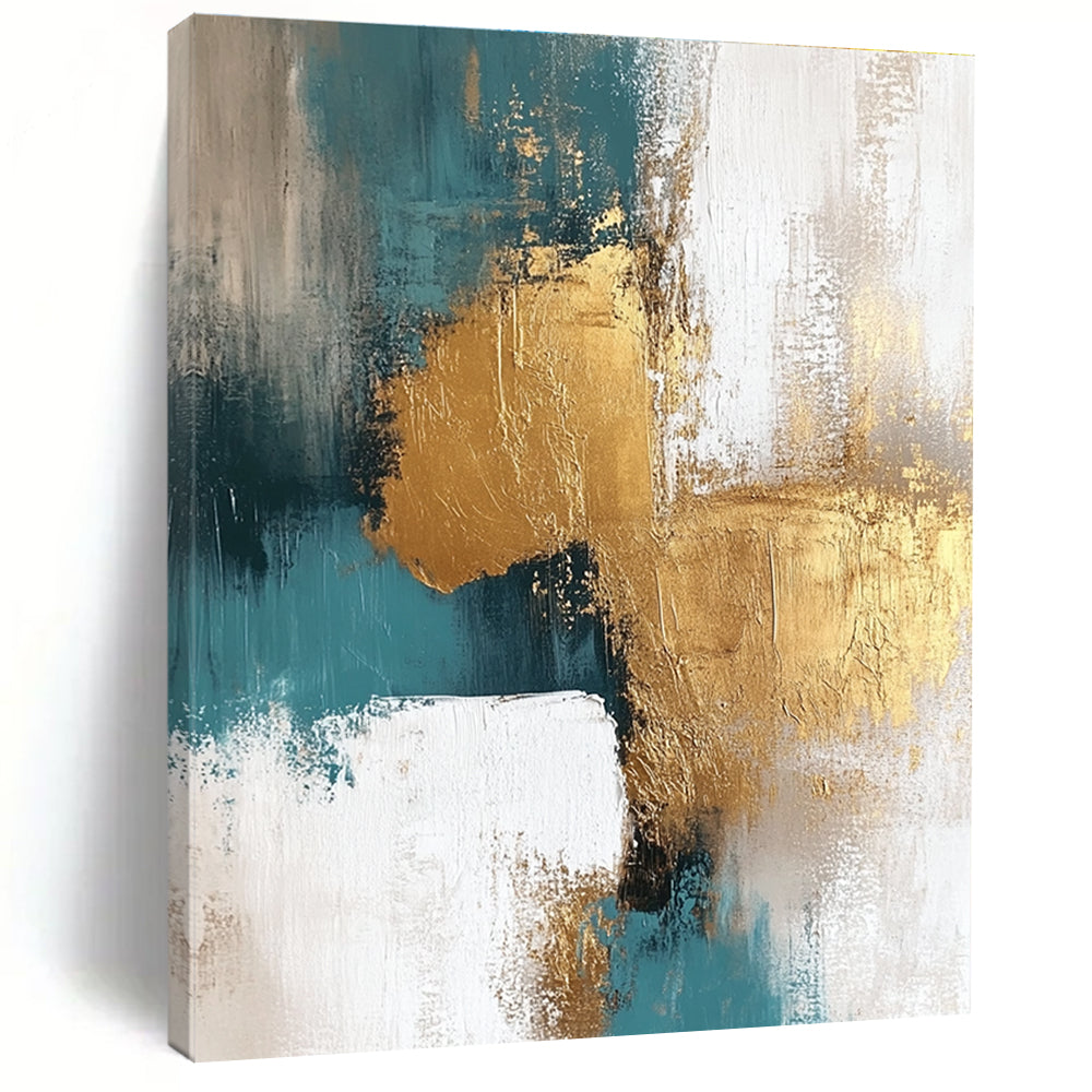 Teal Gold and White Abstract Painting with Artistic Textures GER677