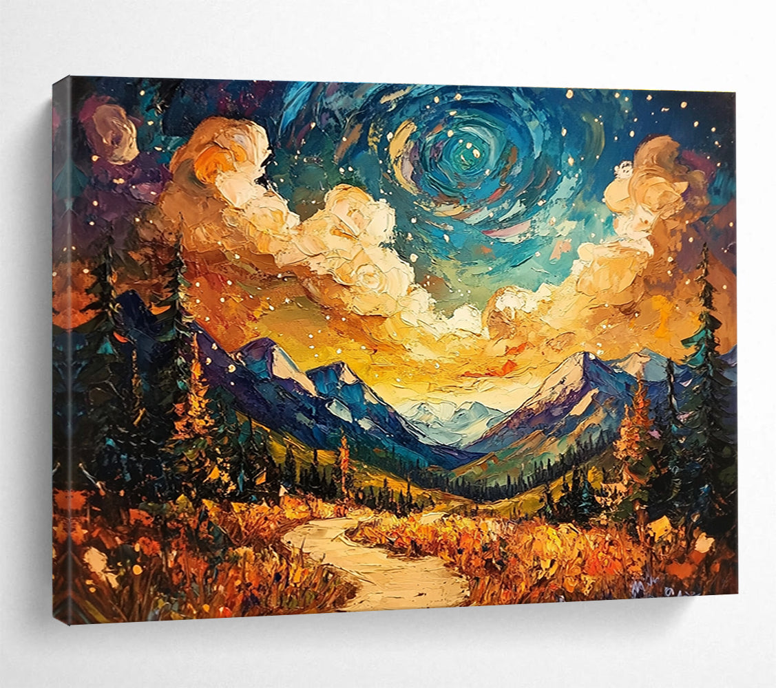 A large abstract painting capturing the Alaskan wilderness under a vibrant sky with textured brush strokes and a winding path leading through stunning colors.SC564