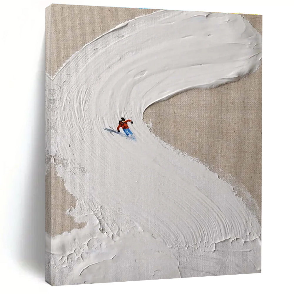 White Textured Ski Slope Abstract Painting with Red Accents ADGE311