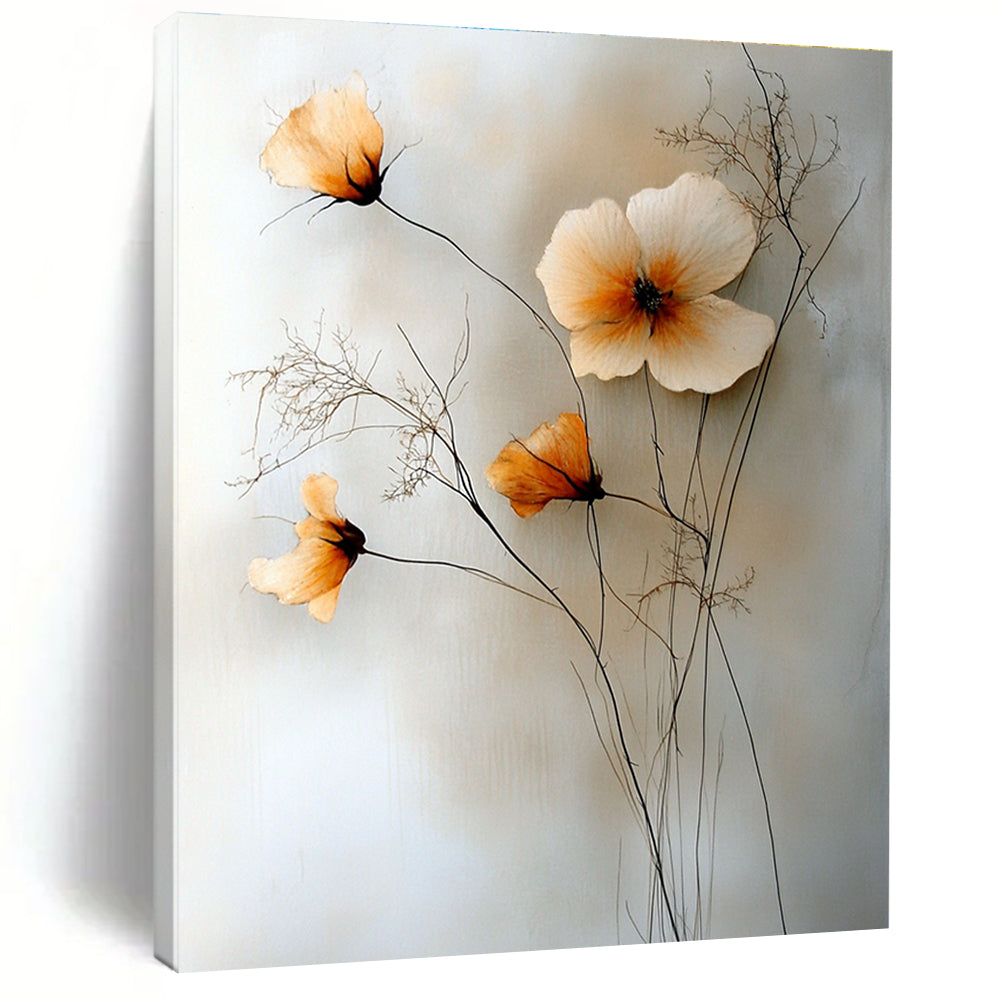 Large abstract painting featuring flowers, thin vines, and wildflowers in muted colors on a light background.STSC058