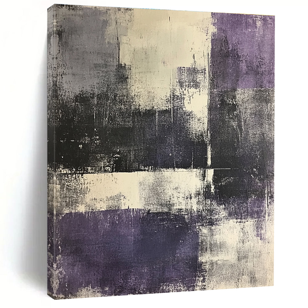Large abstract painting in shades of gray and purple featuring an urban landscape with white elements on textured paper.STSC622
