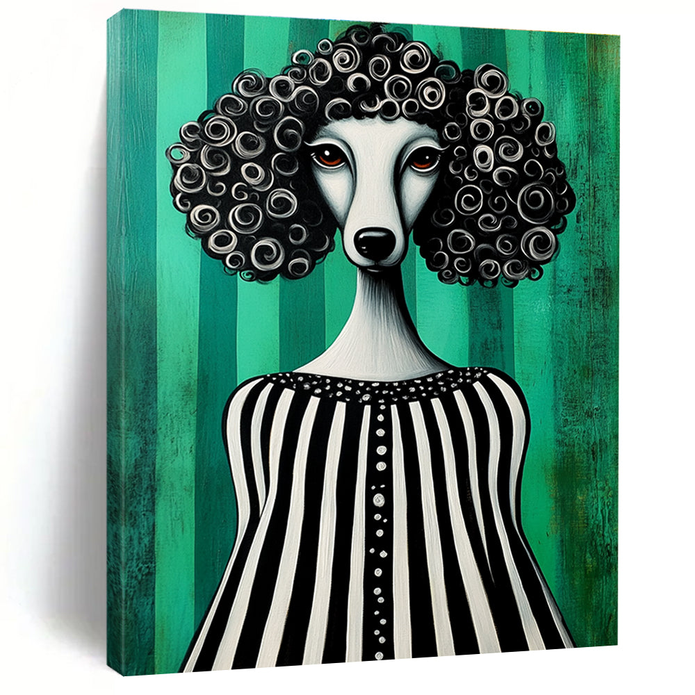 A whimsical folk art painting featuring a poodle in a black and white striped dress against a vibrant green background.STSC1001