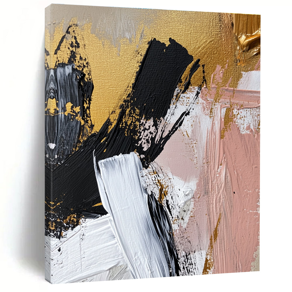Gold Black Pink and White Abstract Painting with Bold Strokes GER056