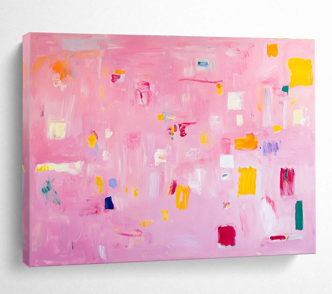 A large abstract painting featuring soft pink hues bright yellow blocks red lines and white squares creates a joyful warm atmosphere perfect for celebration.SC536